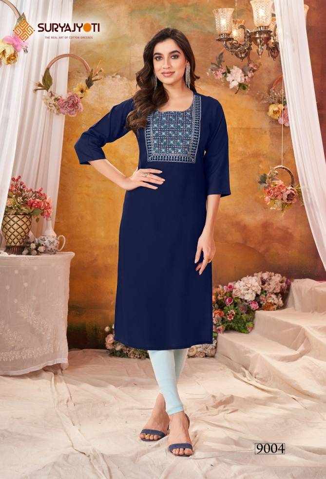 Nirja Advance Vol 9 By Suryajyoti Straight Cut Rayon Embroidery Kurtis Wholesalers In Delhi